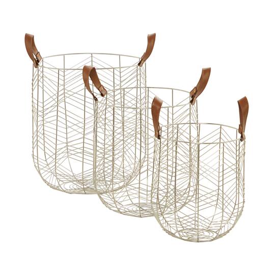 CosmoLiving by Cosmopolitan Silver Metal Storage Basket with Faux Leather Handles Set of 3 16", 14